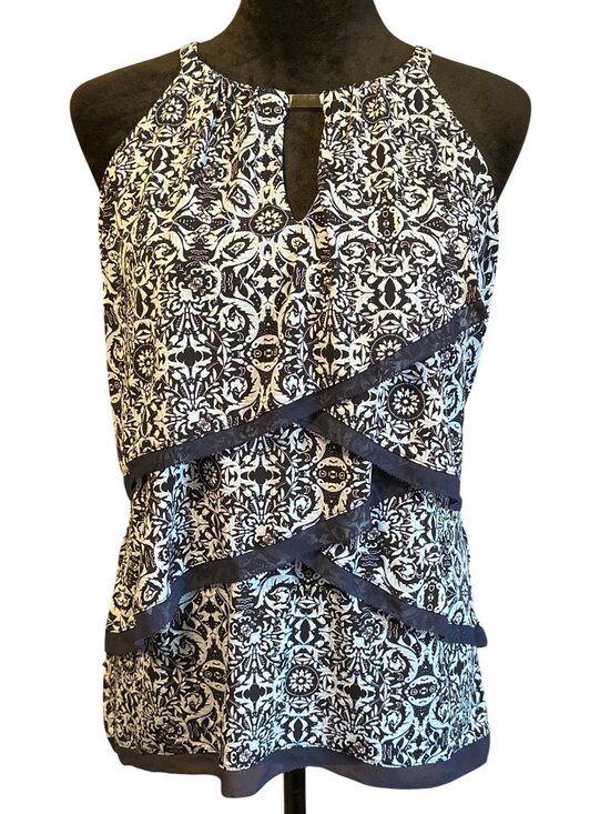 White House Black Market Tops - White House Black Market Sleeveless Keyhole Tiered Ruffle Print Top S Black/Whit